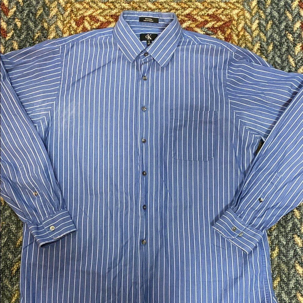 Calvin Klein Blue/White Striped Button Down Shirt XL Office Career